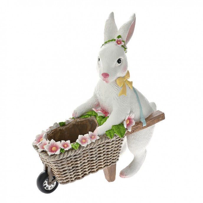  EASTER WHITE POLYRESIN BUNNY PUSHING A TROLLEY 18X8X20CM 