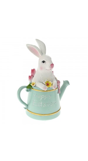  EASTER WHITE POLYRESIN BUNNY IN A WATERING CAN 16X11X20CM