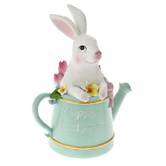  EASTER WHITE POLYRESIN BUNNY IN A WATERING CAN 16X11X20CM 