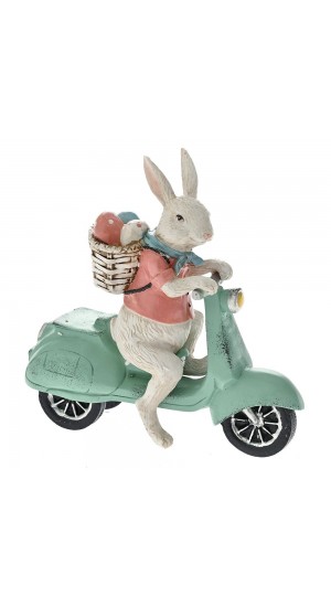  EASTER BLACK AND WHITE POLYRESIN BUNNY ON A VESPA 19X8X18CM