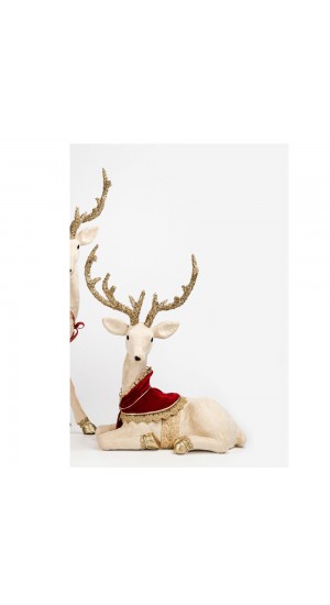  CREAM SITTING DEER WITH RED BLANKET 41X21X51CM