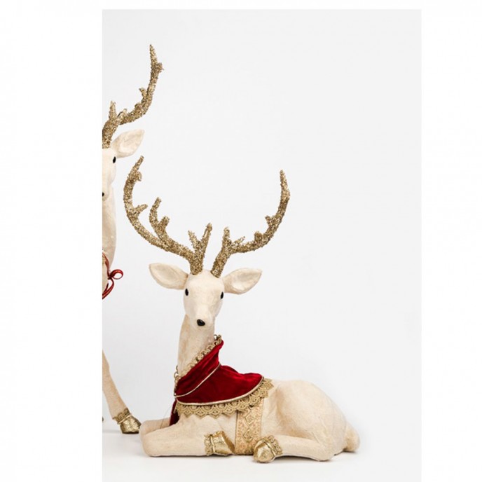  CREAM SITTING DEER WITH RED BLANKET 41X21X51CM 
