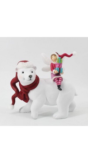  CHRISTMAS WHITE RESIN BEAR WITH A SITTING ELF 22X11X19CM