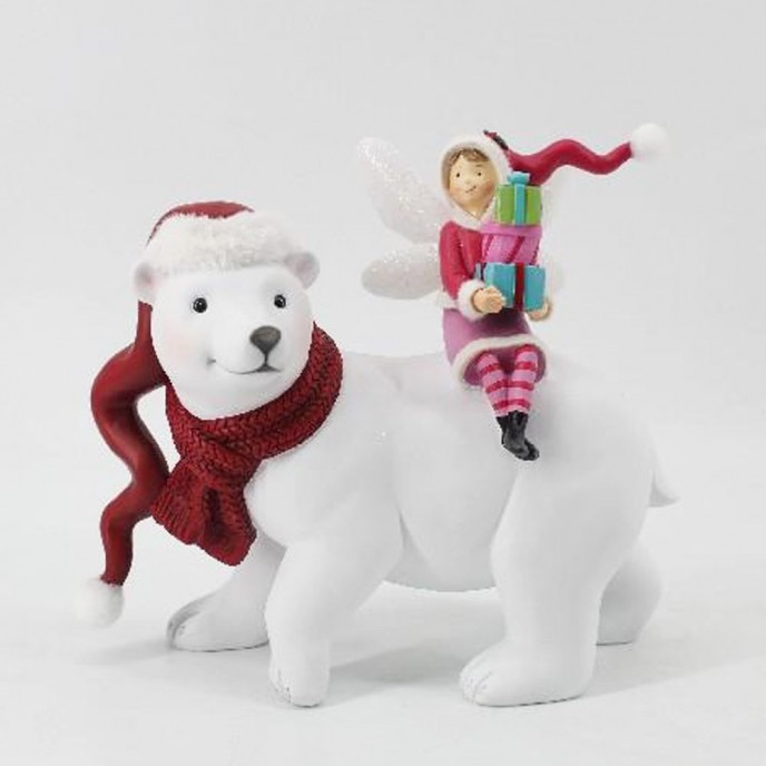  CHRISTMAS WHITE RESIN BEAR WITH A SITTING ELF 22X11X19CM 