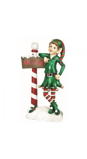  CHRISTMAS GREEN RESIN ELF WITH A NORTH POLE SIGN 20X10X30CM