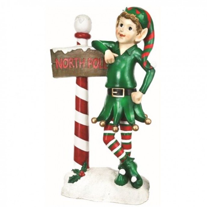  CHRISTMAS GREEN RESIN ELF WITH A NORTH POLE SIGN 20X10X30CM 