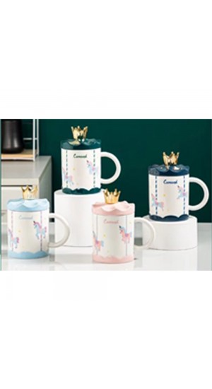  CAROUSEL CERAMIC MUG WITH LID WITH GOLD CROWN, 4 COLOURS