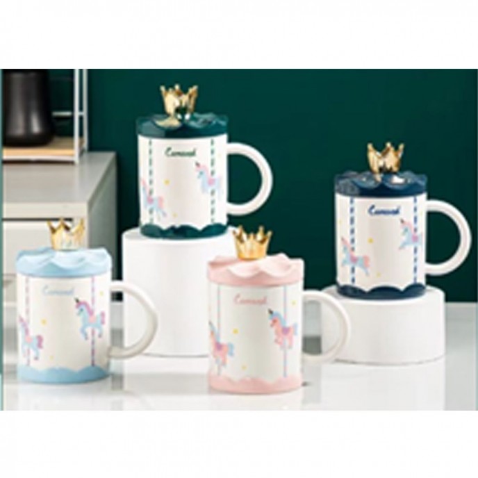  CAROUSEL CERAMIC MUG WITH LID WITH GOLD CROWN, 4 COLOURS 