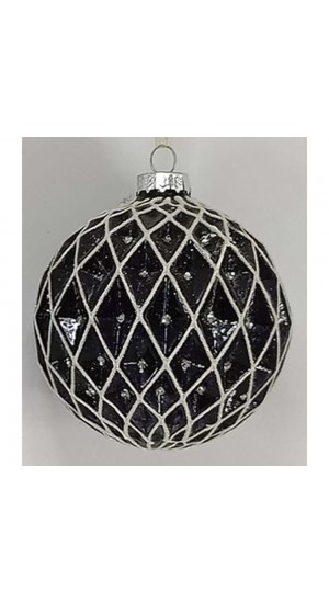  BLACK WITH WHITE LINES GLASS BALL ORNAMENT 8CM SET 6