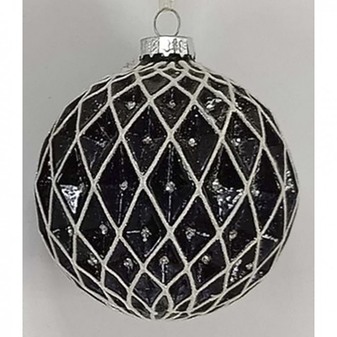  BLACK WITH WHITE LINES GLASS BALL ORNAMENT 8CM SET 6 