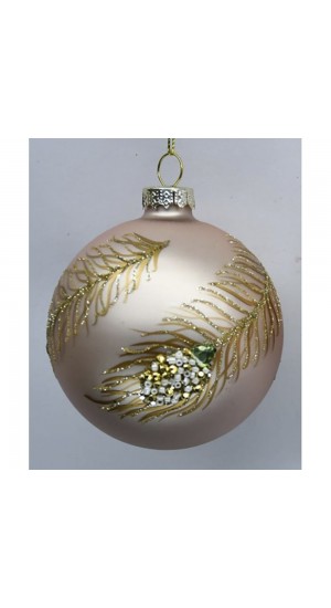  ROSE GOLD GLASS BALL ORNAMENT WITH PEACOCK FEATHERS 8CM SET 6