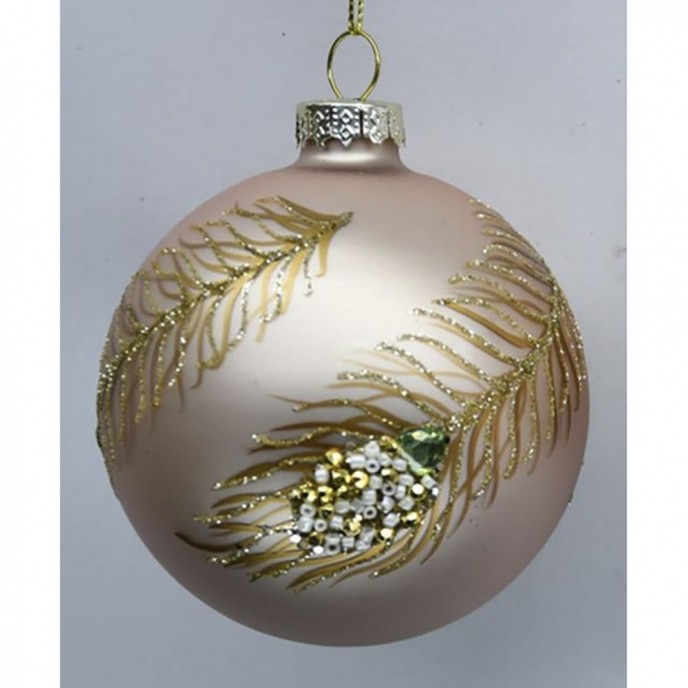  ROSE GOLD GLASS BALL ORNAMENT WITH PEACOCK FEATHERS 8CM SET 6 