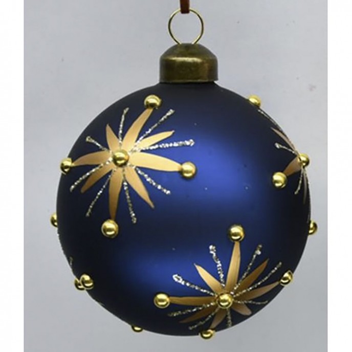  NAVY BLUE GLASS BALL ORNAMENT WITH GOLD STARS 8CM SET 6 