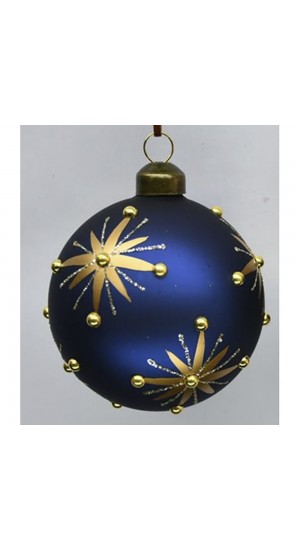  NAVY BLUE GLASS BALL ORNAMENT WITH GOLD STARS 10CM SET 4