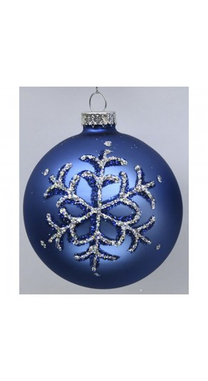  BLUE GLASS BALL ORNAMENT WITH SNOWFLAKES 8CM SET 6