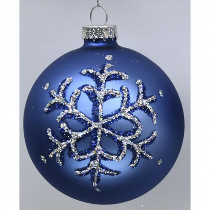  BLUE GLASS BALL ORNAMENT WITH SNOWFLAKES 8CM SET 6 