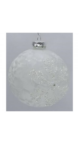  WHITE GLASS BALL ORNAMENT WITH SNOWFLAKES 8CM SET 6