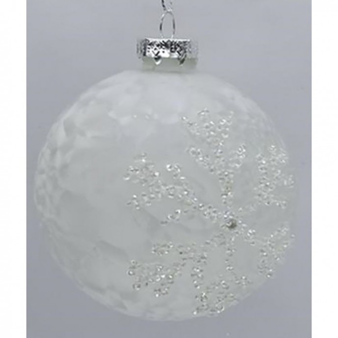  WHITE GLASS BALL ORNAMENT WITH SNOWFLAKES 8CM SET 6 