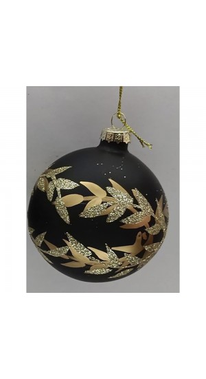    BLACK MATTE GLASS BALL ORNAMENT WITH GOLD LEAFS 8CM SET 6