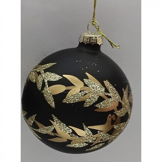    BLACK MATTE GLASS BALL ORNAMENT WITH GOLD LEAFS 8CM SET 6 
