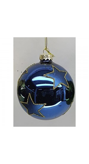  BLUE GLOSSY GLASS  BALL ORNAMENT WITH STARS  8CM SET 6