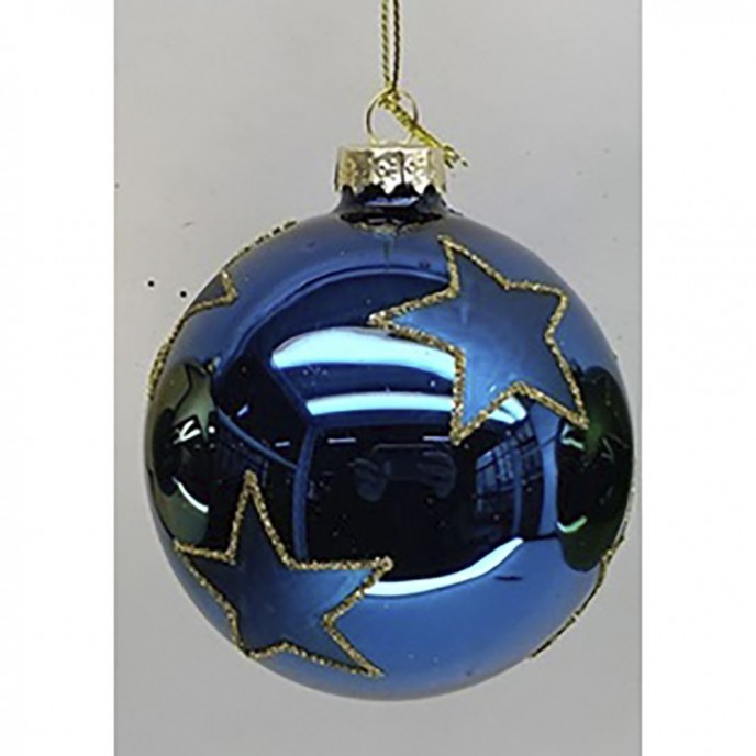  BLUE GLOSSY GLASS  BALL ORNAMENT WITH STARS  8CM SET 6 