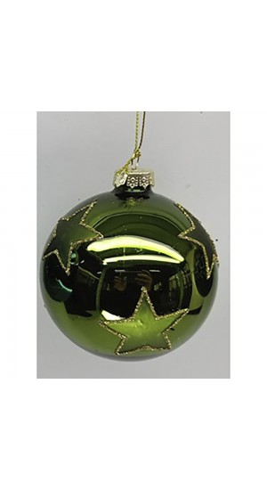  GREEN GLOSSY GLASS  BALL ORNAMENT  WITH STARS  8CM SET 6