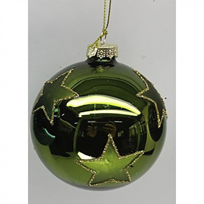  GREEN GLOSSY GLASS  BALL ORNAMENT  WITH STARS  8CM SET 6 