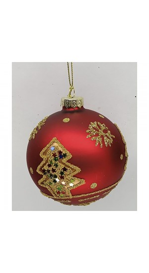  RED GLASS  BALL ORNAMENT WITH GOLD CHRISTMAS TREE  8CM SET 6