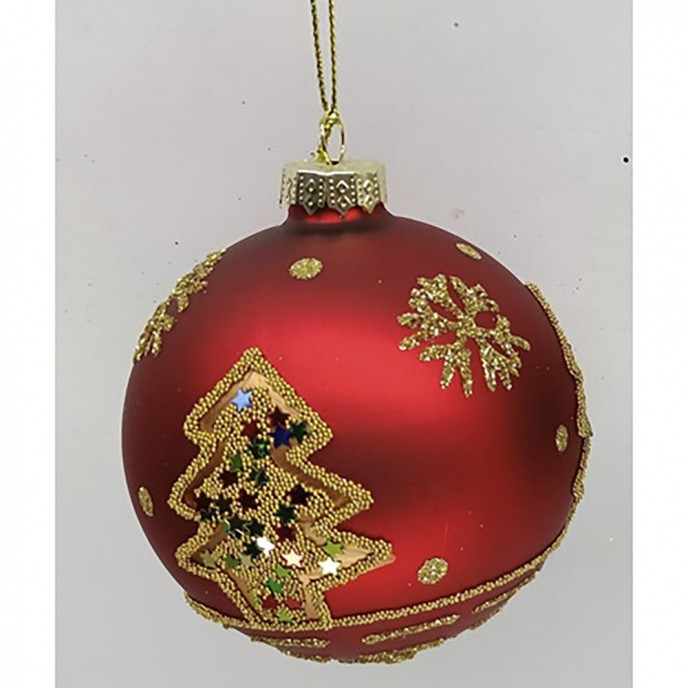  RED GLASS  BALL ORNAMENT WITH GOLD CHRISTMAS TREE  8CM SET 6 
