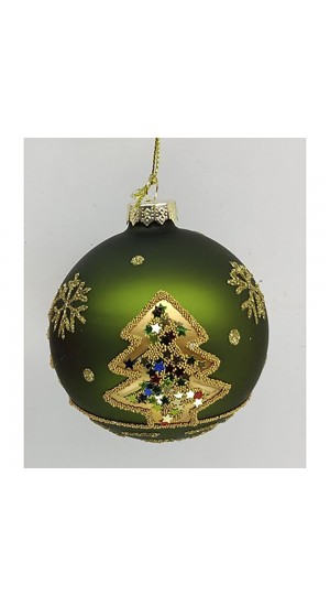  GREEN GLASS  BALL ORNAMENT WITH GOLD CHRISTMAS TREE   8CM SET 6