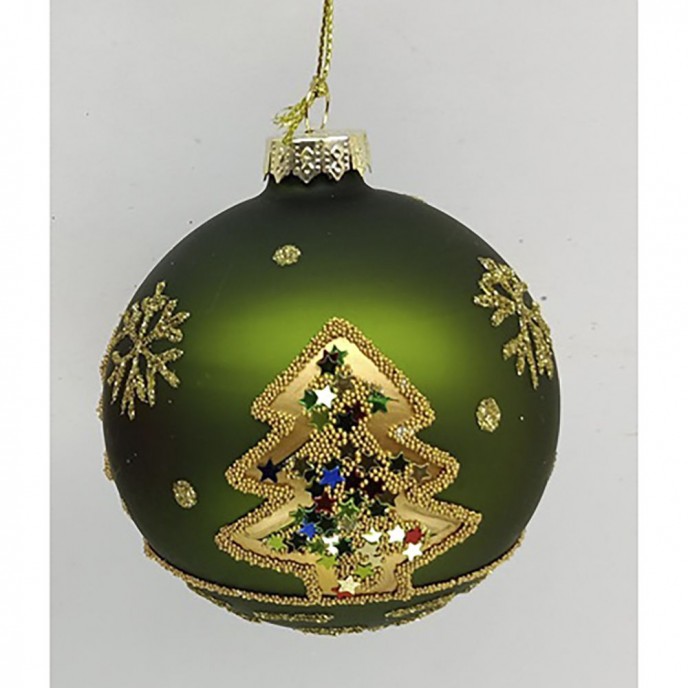  GREEN GLASS  BALL ORNAMENT WITH GOLD CHRISTMAS TREE   8CM SET 6 