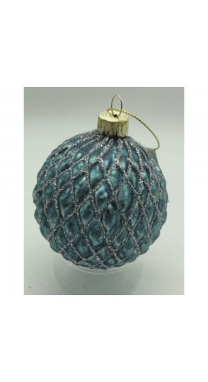  TEAL EMBOSSED GLASS  BALL  ORNAMENT  8CM SET 6