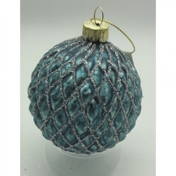  TEAL EMBOSSED GLASS  BALL  ORNAMENT  8CM SET 6 