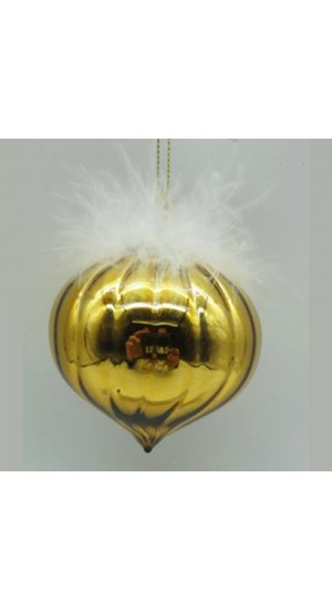  GOLD GLASS  TEAR  ORNAMENT WITH FEATHERS  8CM SET 6