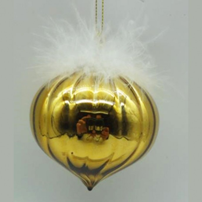  GOLD GLASS  TEAR  ORNAMENT WITH FEATHERS  8CM SET 6 