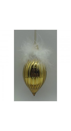  GOLD GLASS  STALACTITE  ORNAMENT WITH FEATHERS   6X13CM SET 6