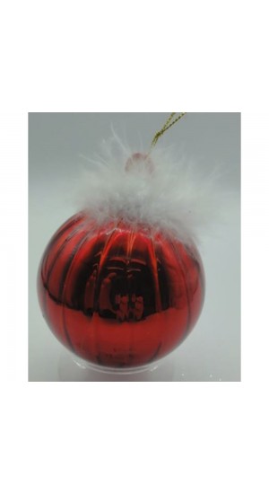  RED GLASS  BALL  ORNAMENT WITH FEATHERS  10CM SET 4