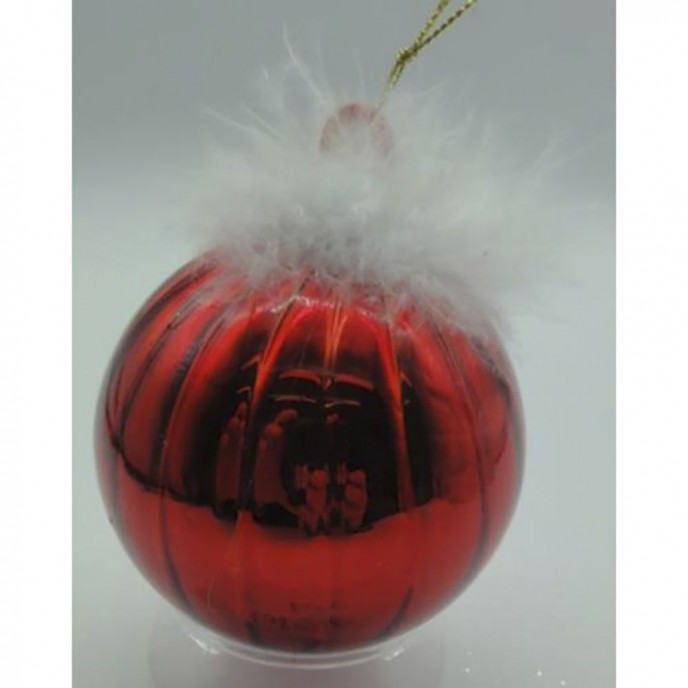  RED GLASS  BALL  ORNAMENT WITH FEATHERS  10CM SET 4 