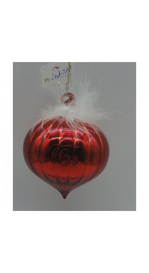  RED GLASS  TEAR  ORNAMENT WITH FEATHERS  8CM SET 6