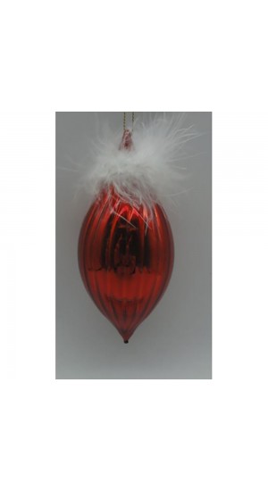  RED GLASS  STALACTITE  ORNAMENT WITH FEATHERS   6X13CM SET 6