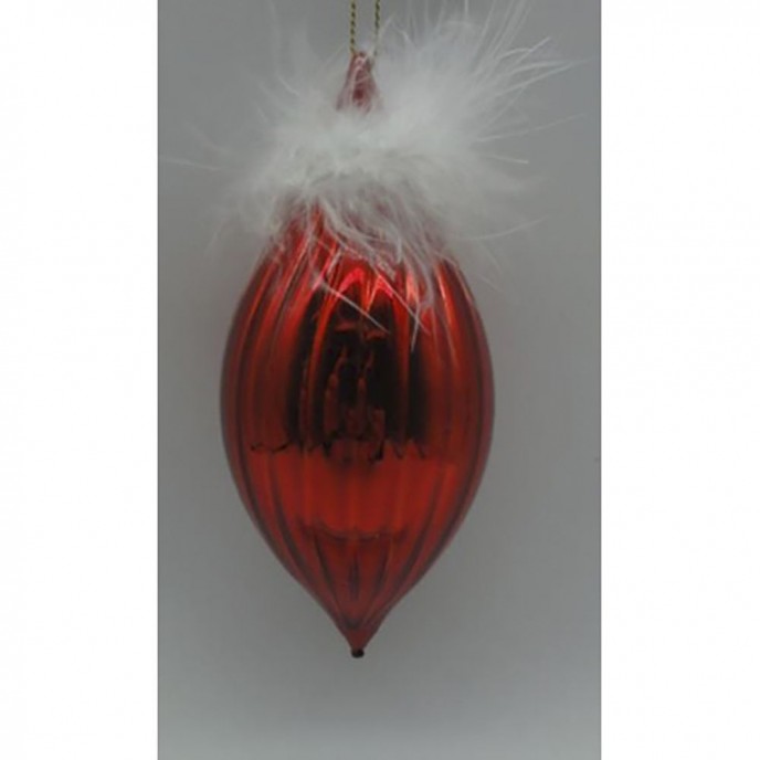  RED GLASS  STALACTITE  ORNAMENT WITH FEATHERS   6X13CM SET 6 