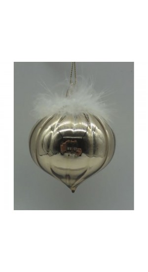  GOLD GLASS  TEAR  ORNAMENT WITH FEATHERS  8CM SET 6