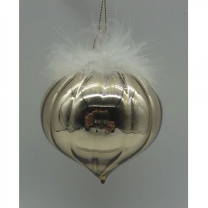  GOLD GLASS  TEAR  ORNAMENT WITH FEATHERS  8CM SET 6 