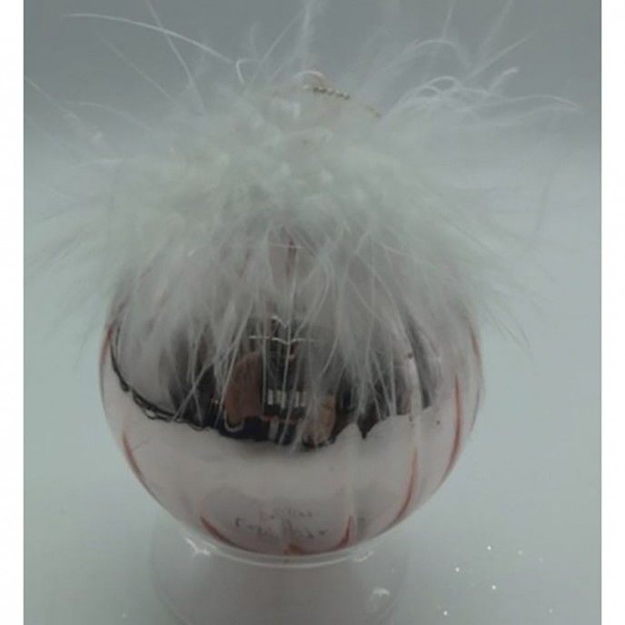  ROSE GOLD GLASS  BALL  ORNAMENT WITH FEATHERS  10CM SET 4 