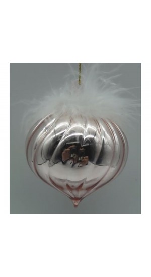  ROSE GOLD GLASS  TEAR  ORNAMENT WITH FEATHERS  8CM SET 6