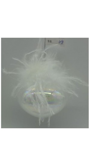  PEARL GLASS  TEAR  ORNAMENT WITH FEATHERS  8CM SET 6