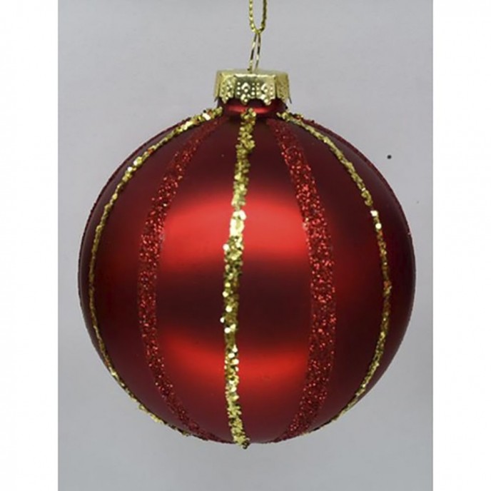  RED WITH GLITTER LINES GLASS BALL ORNAMENT 8CM SET 6 