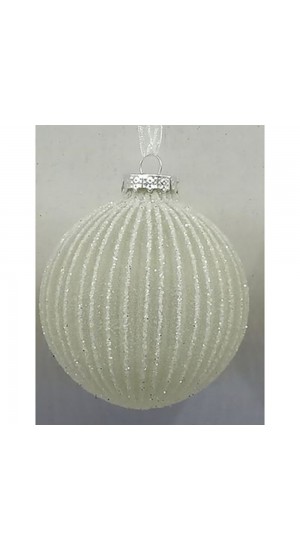  WHITE GLASS BALL ORNAMENT WITH GLITTER LINES 8CM SET 6
