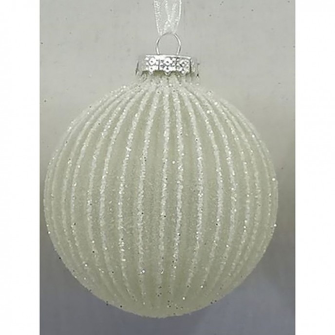  WHITE GLASS BALL ORNAMENT WITH GLITTER LINES 8CM SET 6 